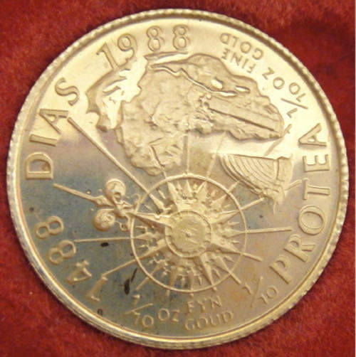 Bartholomew Diaz 1/10 OZ GOLD Protea in Proof Condition (1488-1988)