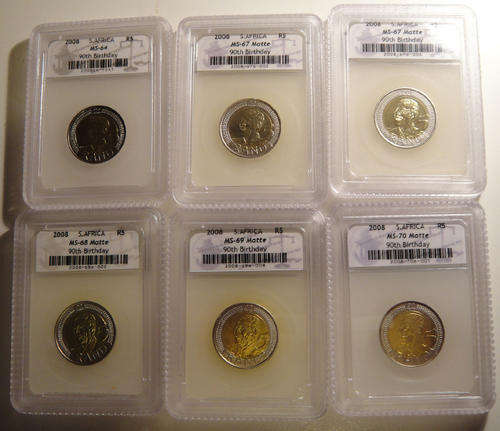 Six (6) SACGS graded Mandela 90 th Birthday R5 coins of 2008 (MS64, MS67 x 2, MS68, MS69 and MS70)