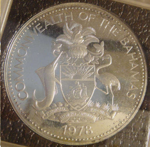 Bahamas : Proof Silver 10-Dollar DOUBLE CROWN : 5th Anniversary of Independence 1973