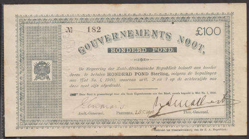 Zuid Afrikaansche Republiek : Boer War Issue : Pretoria 28.5. 1900 : Hundred (100) Pounds