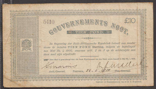 Zuid Afrikaansche Republiek : Boer War Issue : Pretoria 28.5. 1900 : Ten (10) Pounds