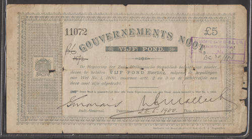Zuid Afrikaansche Republiek : Boer War Issue : Pretoria 28.5. 1900 : Vijf (5) Pond