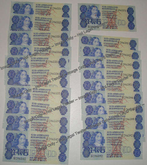 Republic of South Africa : TW de Jongh Two Rand Serial Number Runs (Twenty R2 Notes)