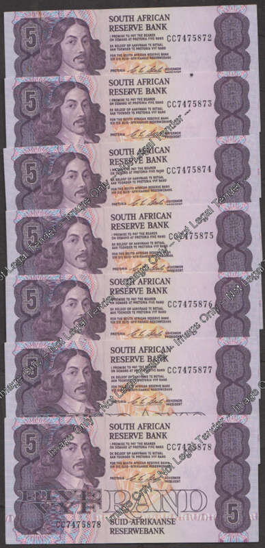 Republic of South Africa : Chris Stals Five Rand Serial Number Run (CC7475872 to CC7475878)
