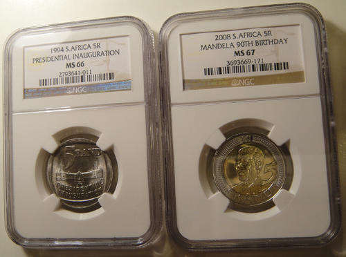 Presidential Pair: 1994 Inauguration R5 (MS66) & 2008 Mandela 90th Birthday R5 (MS67)