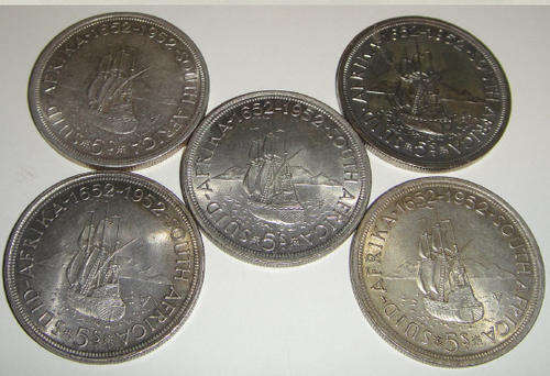 Collection of Five (5) Silver Crowns of 1952 (Jan van Riebeeck Tercentenary)