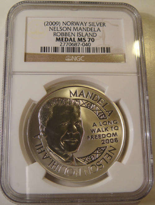 Mint of Norway: Nelson Mandela : 2009 One Ounce Silver (1 Oz) Robben Island Medal: NGC graded MS70