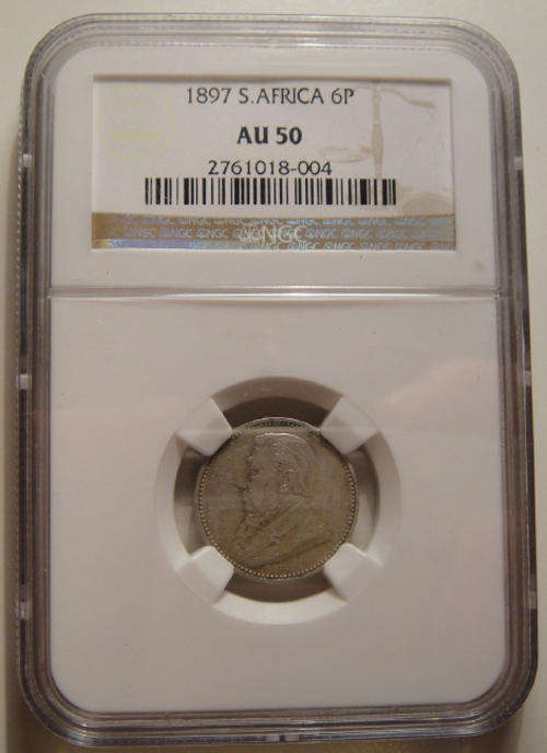 1897 Paul Kruger ZAR Sixpence (6d) : NGC graded AU50 (Almost Uncirculated)