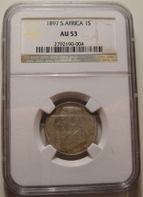 1897 Paul Kruger ZAR Shilling (1/-) : NGC graded AU53 (Almost Uncirculated)