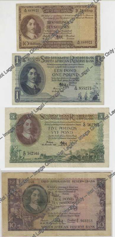 Collection of MH de Kock pre-decimal Notes : 5-Shillings, One Pound, Five Pounds and Ten Pounds