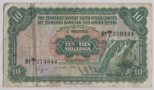 WINDHOEK (Standard Bank of South West Africa) Ten Shilling Banknote 9 August 1948