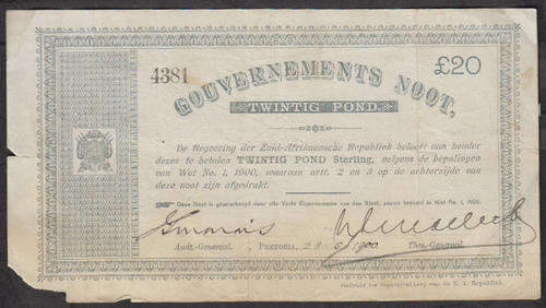 Z.A.R. Anglo-Boer War 1900 Gouvernements Noot (TWINTIG (20) POND) : Pretoria