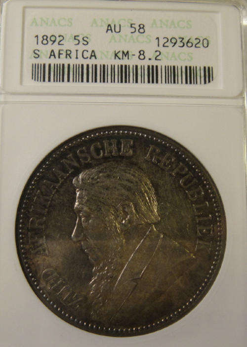 1892 Crown (5/-) Five Shilling (Double Shaft) : Paul Kruger ZAR : ANACS Graded AU58
