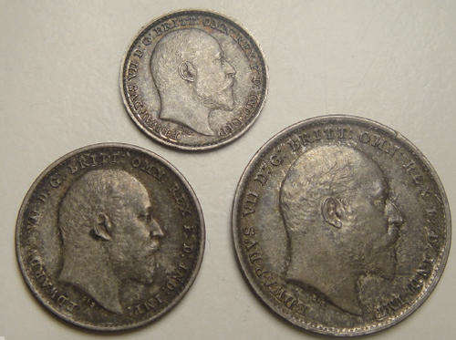Great Britain : Sterling Silver Maundy Set Of King Edward VII (1d, 2d & 3d)