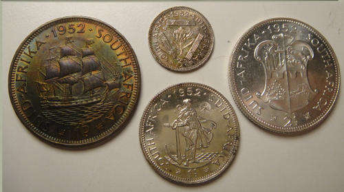 1952 PROOFS:  Penny (1d), Tickey (3d), Shilling (1/-) and Two Shilling (2/-)