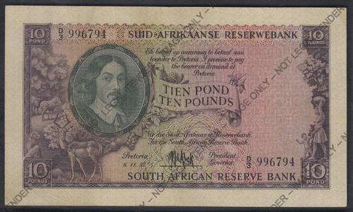 MH de Kock Ten Pounds dated 6. 11. 1957 (Uncirculated)