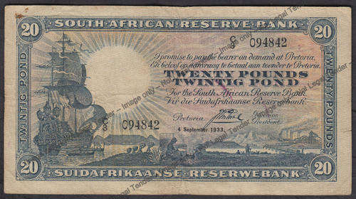 Postmus Twenty Pound Note : 4 September 1933