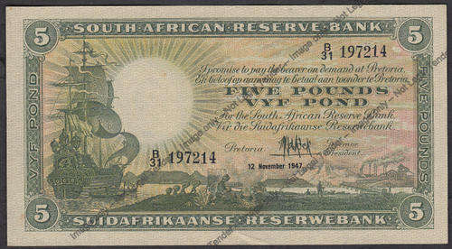 MH de Kock Five Pounds Note : 12 November 1947