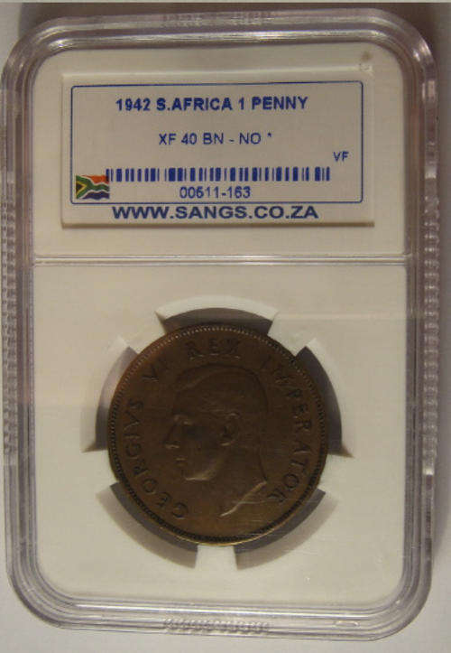 1942 Penny : Union of South Africa : Sangs graded XF40 BN (NO STAR after the date)
