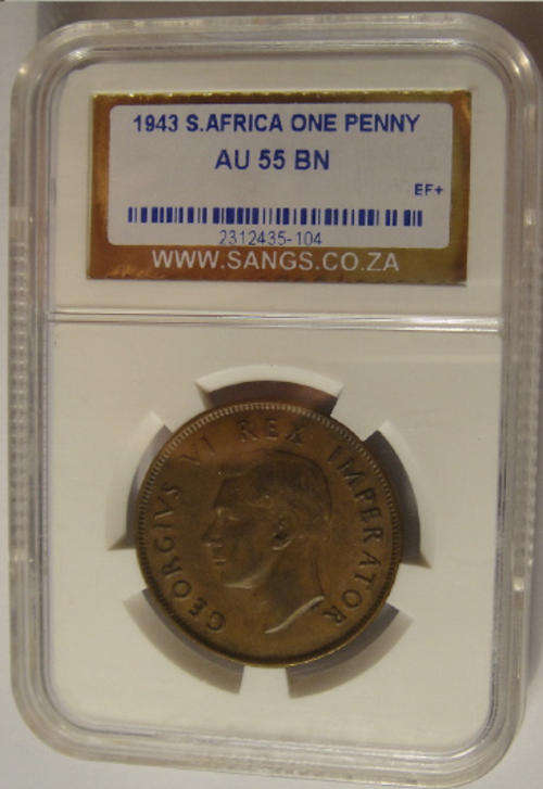 1943 Penny : Union of South Africa : Sangs graded AU55 BN