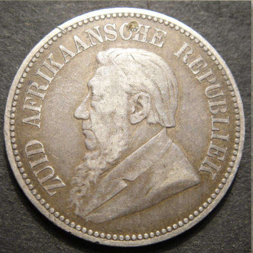 1892 Half Crown (2/6-) Paul Kruger ZAR (obverse mark)