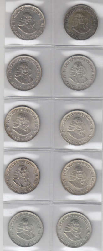 Ten (10) SILVER 20c pieces of the first decimal RSA coin series