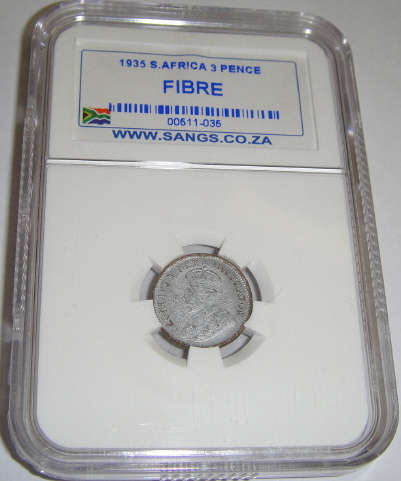 FIBRE 1935 Tickey (3d) : Union of South Africa : Sangs authenticated