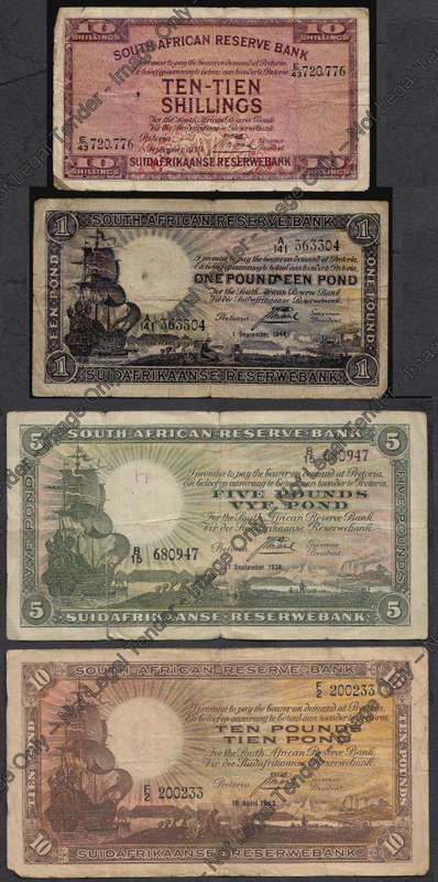 Union of South Africa: J. Postmus Type Set: Ten Shillings, One, Five and Ten Pound Notes