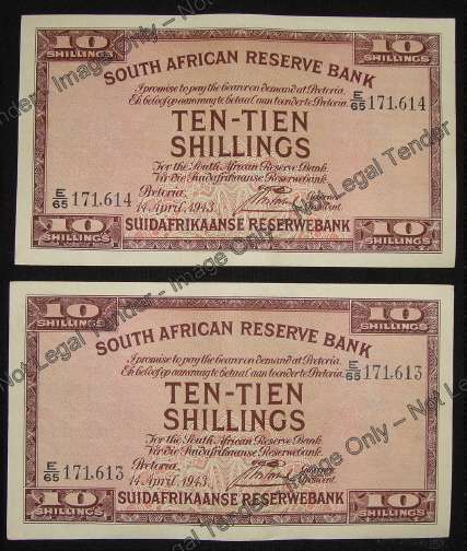 Consecutive Serial Number Pair of J. Postmus Ten Shilling notes of 14 April 1943