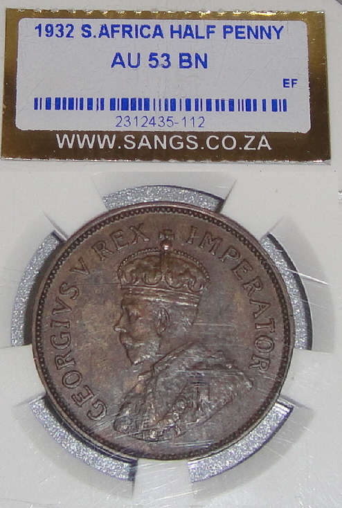 1932 Half-Penny: Union of South Africa : Sangs graded AU53 BN