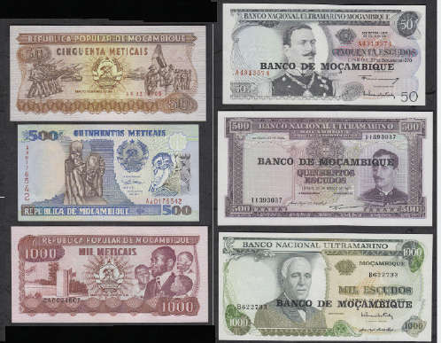 Mozambique : Set 50, 500, 1000 Escudos and 50, 500 and 1000 Meticais (UNCIRCULATED)