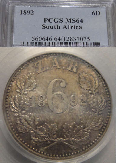 1892 Paul Kruger ZAR Sixpence (6d) : PCGS graded MS64 (MINT STATE)