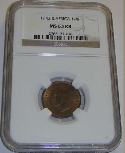1942 Farthing (Quarter Penny) : Union of South Africa : NGC graded MS 63 RB (MINT STATE)