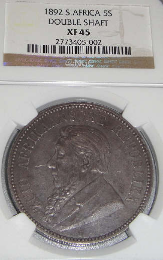 1892 Paul Kruger ZAR Crown (5/-) Double Shaft : NGC graded XF45 (Extremely Fine)