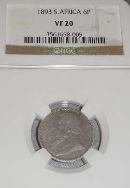 1893 Paul Kruger ZAR Sixpence (6d) : NGC graded VF20 (Very Fine)