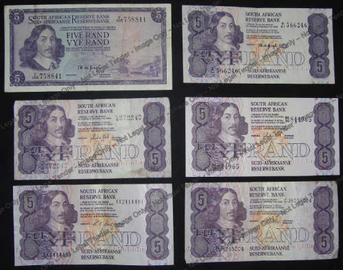 Collection Jan van Riebeeck R5 notes from the 1960s to 1990.