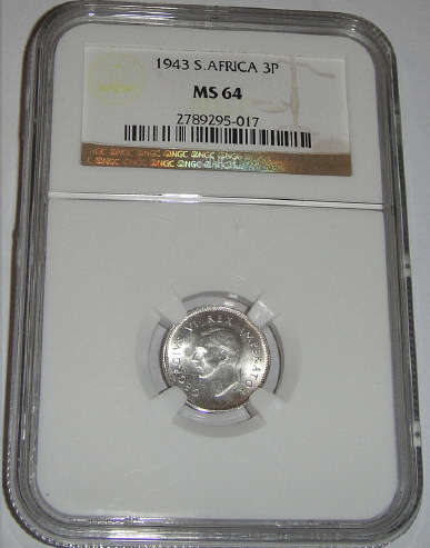 1943 Tickey (3d) : Union of South Africa : NGC graded MS64 (MINT STATE)