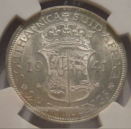 1941 Half Crown (2/6-) : Union of South Africa: NGC graded MS60 (MINT STATE)