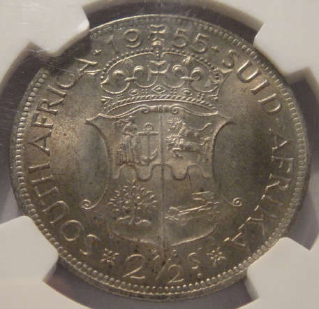 1955 Half Crown (2/6-) : Union of South Africa: NGC graded MS62 (MINT STATE)