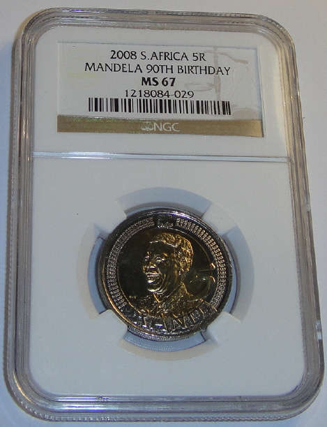 2008 Nelson Mandela 90th Birthday Commemorative R5 : NGC graded MS67