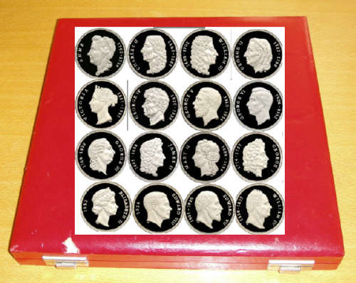 Three Centuries of Royalty: Sixteen STERLING SILVER Medal Set commemorating British Kings & Queens