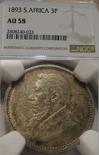 1893 Tickey (3d): Paul Kruger ZAR: NGC graded AU58