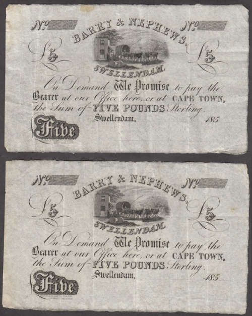 Two Barry & Nephews (Swellendam) Five-Pounds Banknotes of the 1850s (Bid per note to take both)