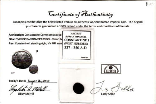 Ancient Rome: Emperor Constantine I Commemorative Coin (337-350 A.D.) with Certificate of Authentici