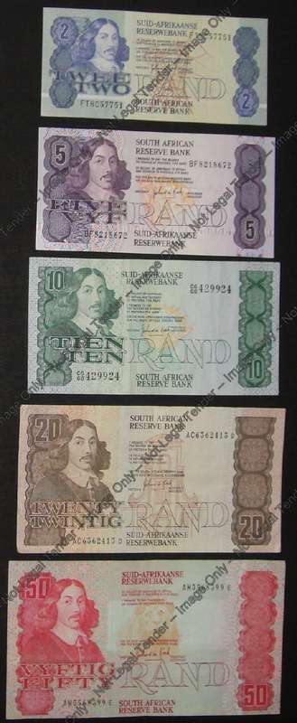 100% Complete Jan van Riebeeck Bank Note Type Set of G de Kock (Nine Sets available: Bid per Set)