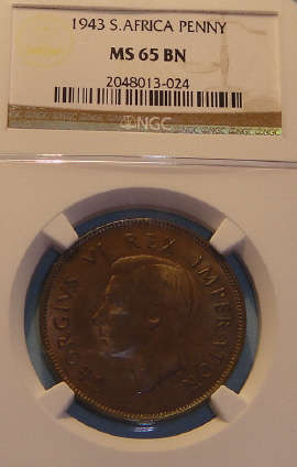 1943 Penny (1d): Union of South Africa: SUPER GRADE NGC MS 65 BN (Highest grade recorded)