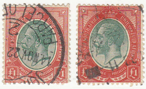 Two (2) One Pound Stamps (King George V) of the Union of South Africa