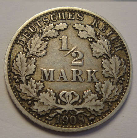 German Reich : Silver Half Mark of 1908 J (RARE)