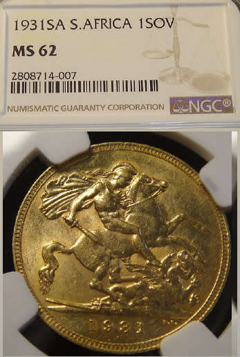 Union of South Africa : GOLD Sovereign of 1931 : NGC graded MS62