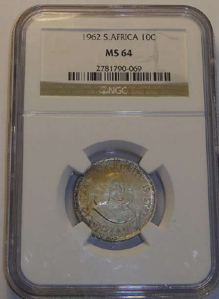Republic of South Africa : Silver Ten Cent of 1962 : NGC graded MS64